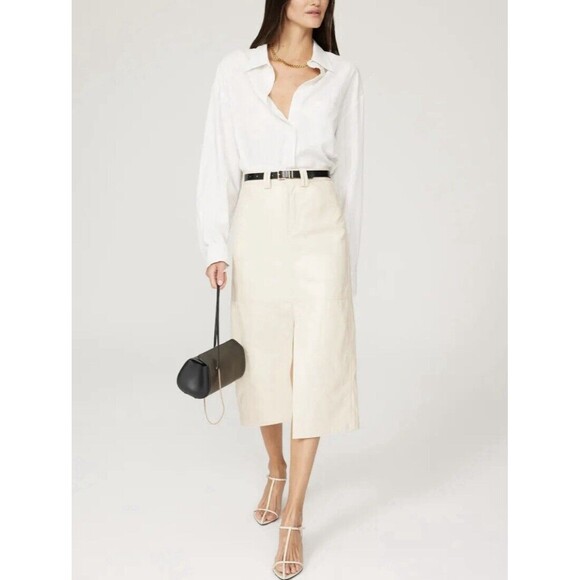 RTR ALC Alden Vegan Leather Carpenter Skirt Ivory Midi Sz 8 Minimalist DAMAGED - Picture 1 of 14